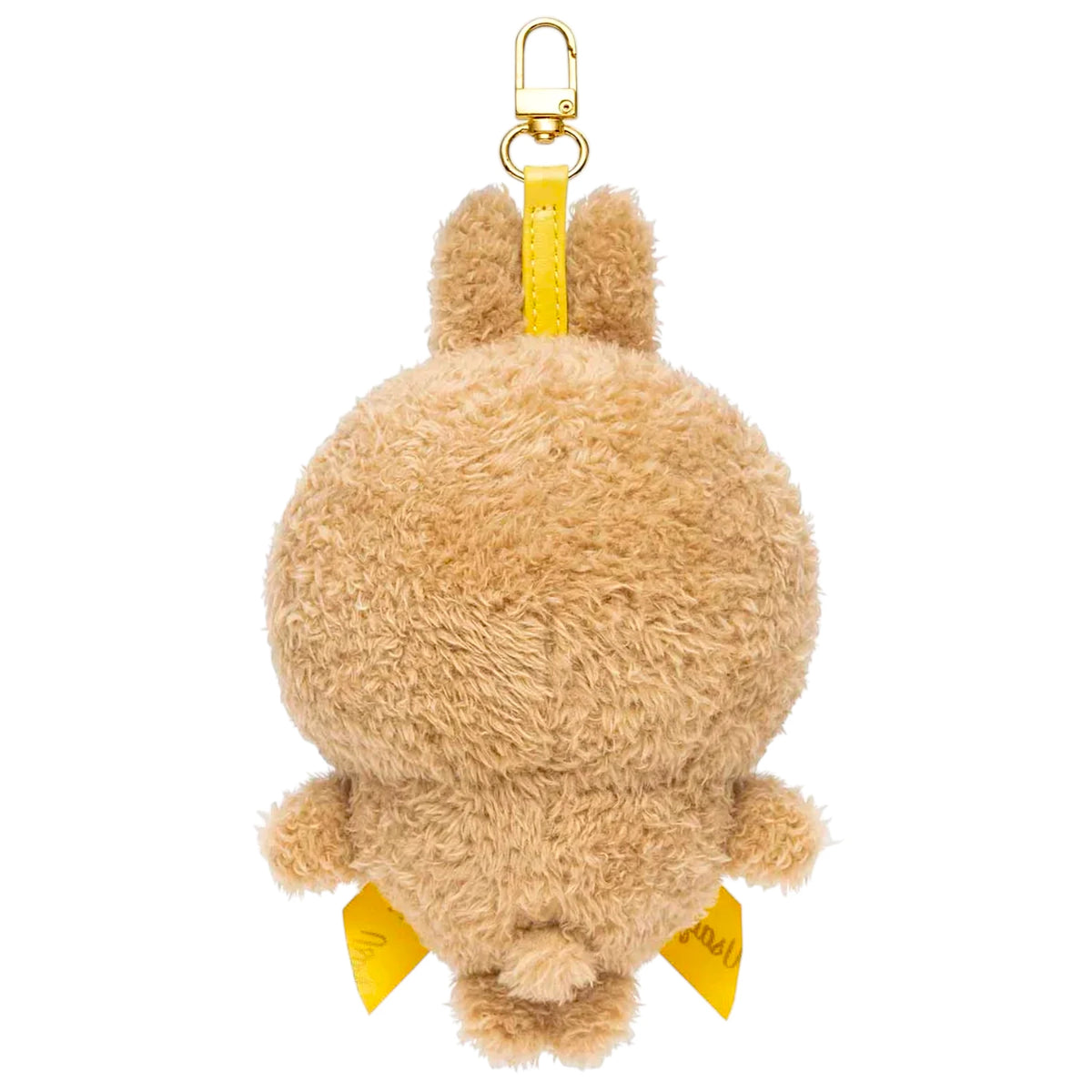 Light tan teddy bear plush keychain back view with yellow strap and metal clip.