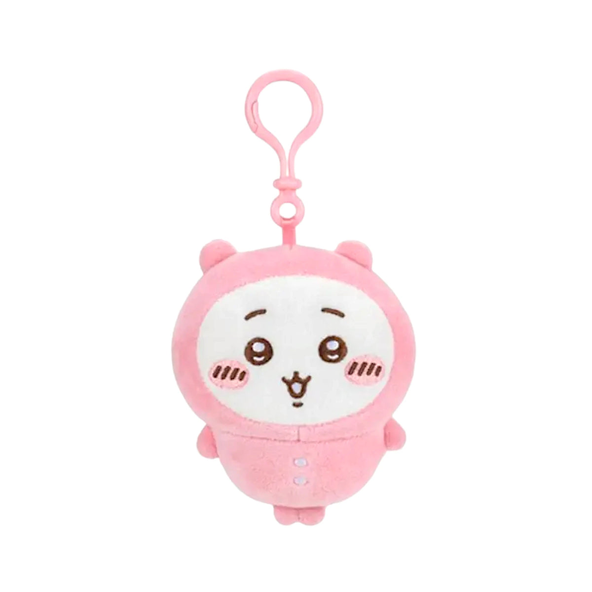 Pink Chiikawa pyjama plush keychain with smiling face and hanging clip