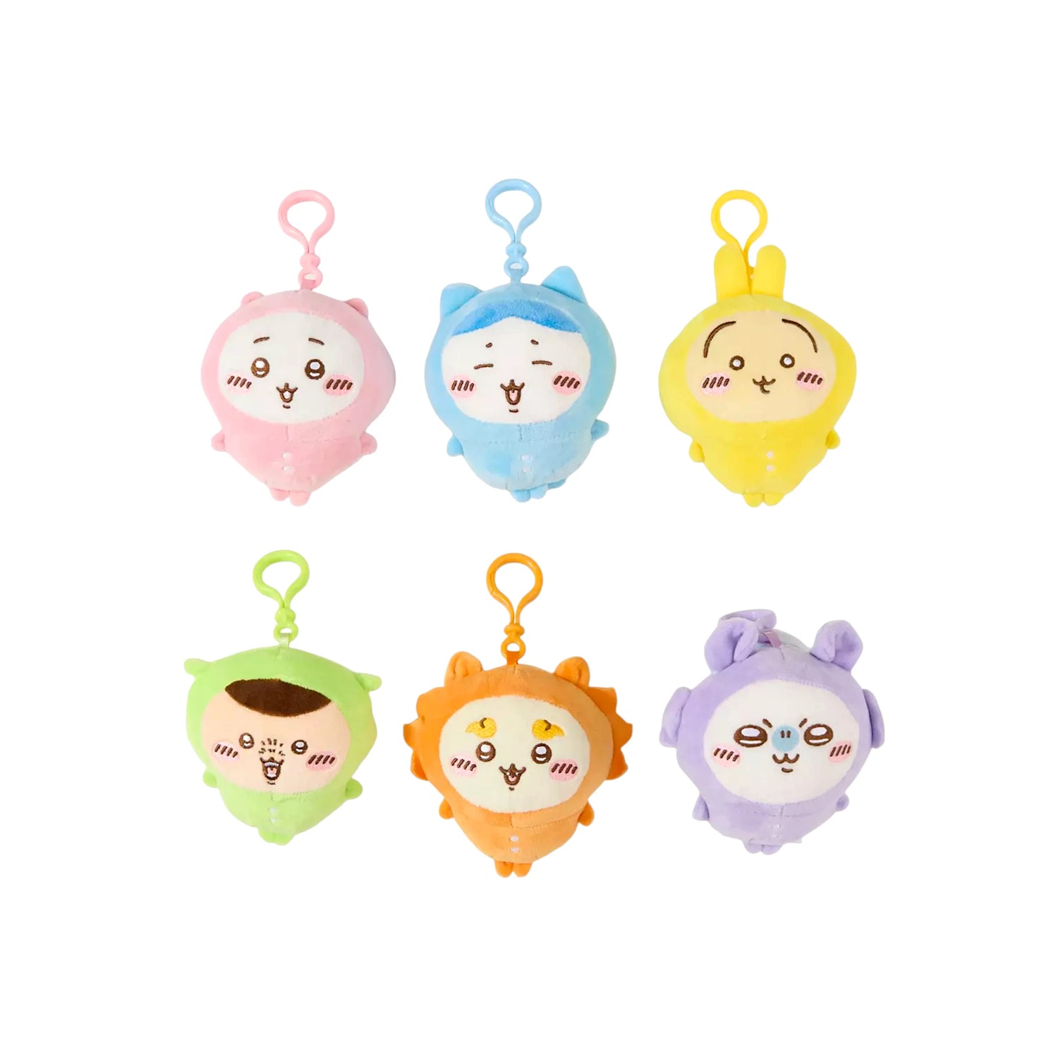 Set of Chiikawa pyjama plush keychains in pink, blue, yellow, green, orange, and purple
