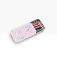 Colorful bobby pin set in a metal tin, neatly arranged in bright rainbow shades