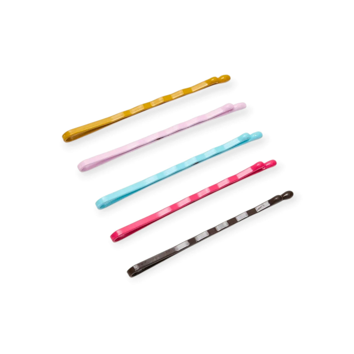 Colorful bobby pin set with five slim pins in gold, pink, teal, magenta, and dark brown