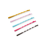 Colorful bobby pin set with five slim pins in gold, pink, teal, magenta, and dark brown