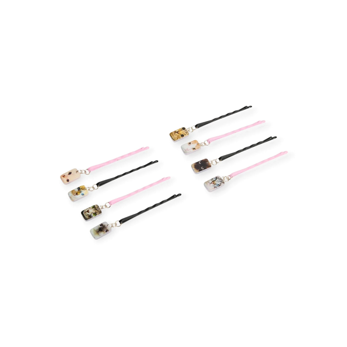 Cat-themed bobby pin set with pink accents and patterned kitty charms on black clips