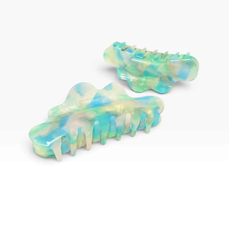 Translucent jelly claw clip in aqua and mint green, open hinged style