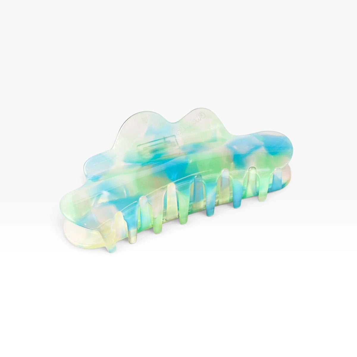 Translucent jelly claw hair clip with aqua and green swirls, large teeth