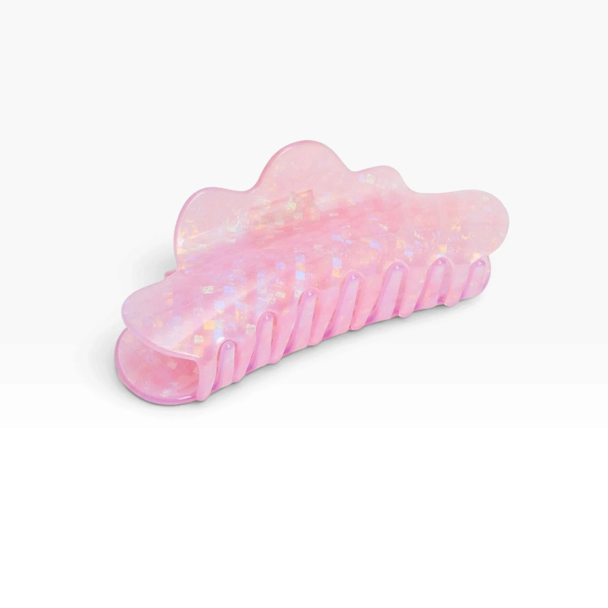 Iridescent lilac glitter claw hair clip with wide open prongs for holding hair