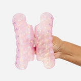 Iridescent lilac glitter claw hair clip open, clear hinge and inner teeth detail