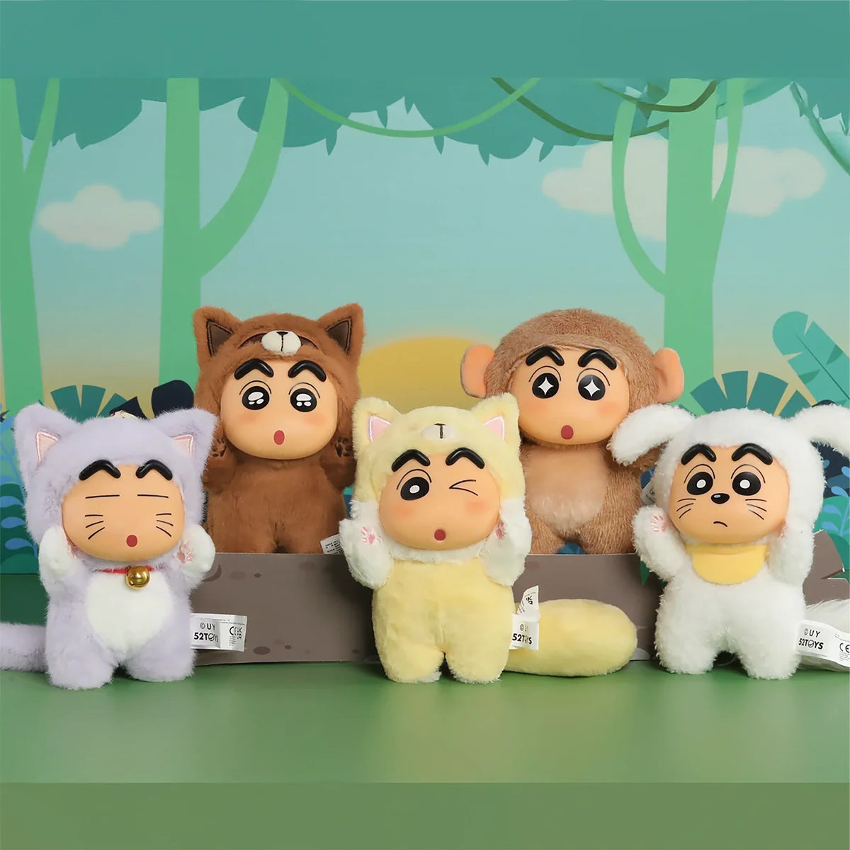 Group of big tail plush toys on a stand: white cat, brown monkey, yellow pup, white dog