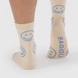 Baggu Crew Socks - Ecru Periwinkle Happy