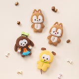 Four small plush animal charms with embroidered faces: chipmunk, bear, owl, and duck.
