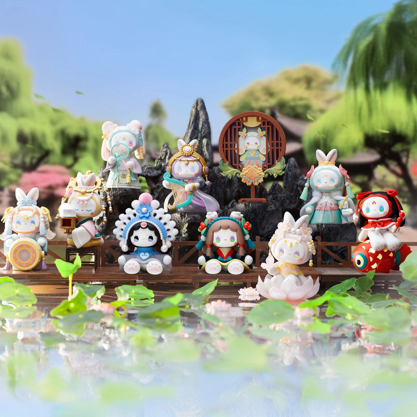 A delightful array of Lucky EMMA - Secret Forest of Dim Lights Series figurines is elegantly displayed on a wooden platform above the water, set against a picturesque nature background evocative of a Secret Forest.