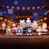 A collection of adorable, colorful toy figures dressed in traditional outfits from the Lucky EMMA - Secret Forest of Dim Lights Series Blind Box by Lucky Emma is arranged outdoors against a backdrop of lanterns and fireworks.