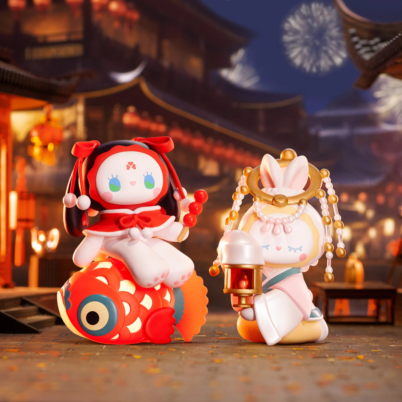 Two adorable figurines from the Lucky Emma - Secret Forest of Dim Lights Series Blind Box collection are dressed in traditional attire and positioned on stylized bases, set against an Asian-inspired background with lanterns and fireworks, capturing the enchanting mystery of a Secret Forest.