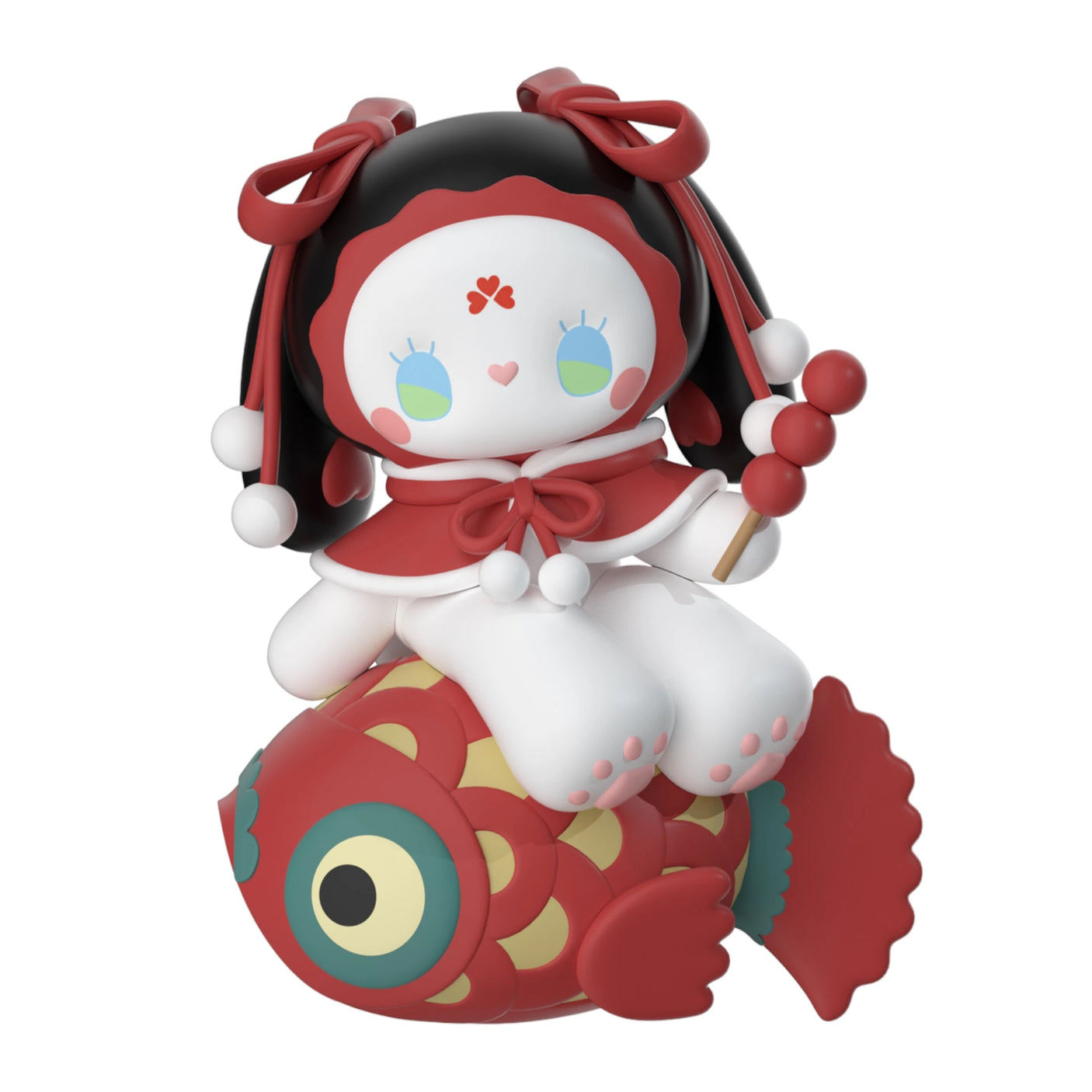 A charming doll from the Lucky EMMA - Secret Forest of Dim Lights Series Blind Box, featuring red bows and a cape, is perched on a colorful fish holding skewered dumplings.