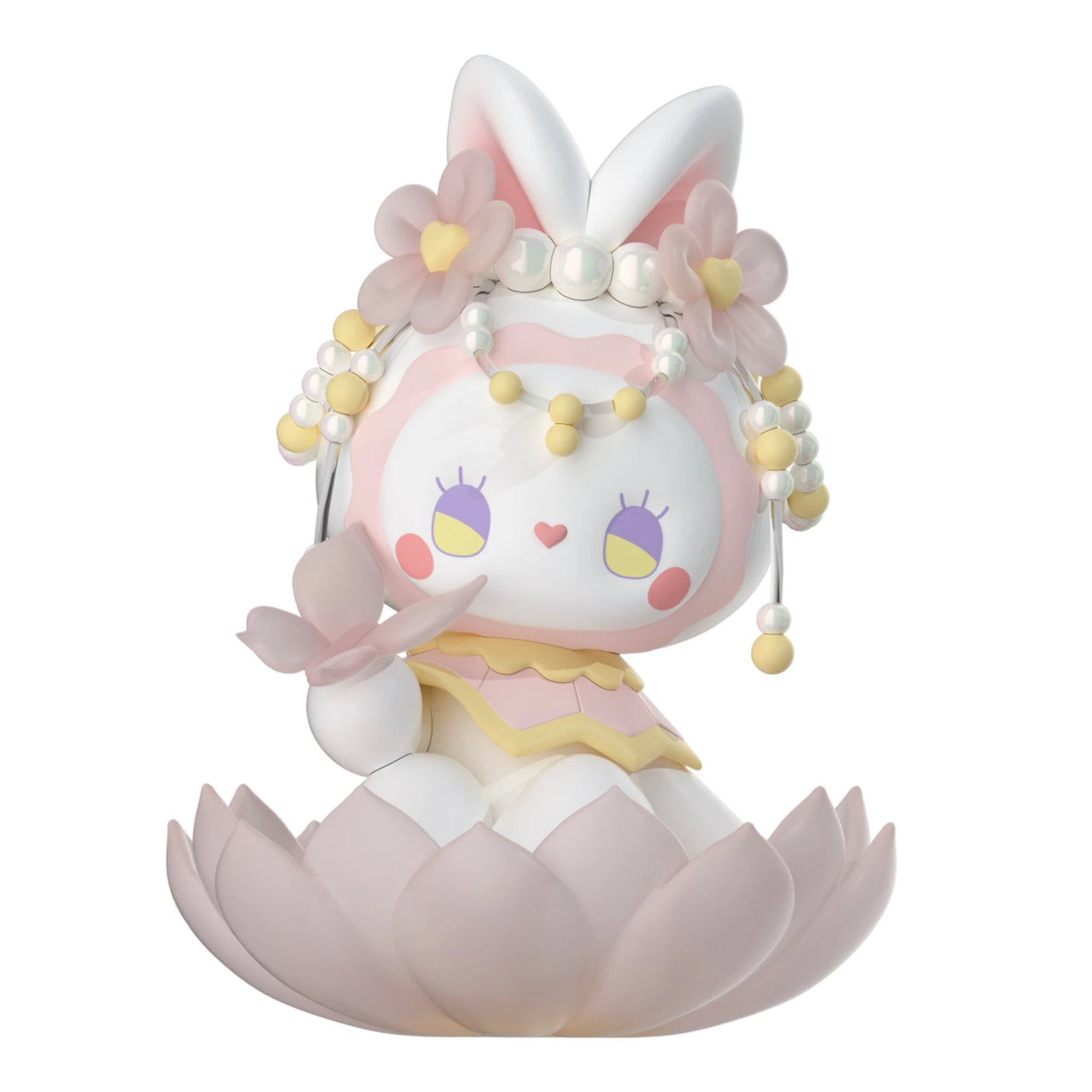 This charming figurine, featuring a rabbit-like creature nestled inside a pink lotus flower and adorned with pastel flowers and beads, is from the Lucky EMMA - Secret Forest of Dim Lights Series Blind Box by Lucky Emma.