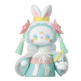 A stylized figure from the Lucky Emma - Secret Forest of Dim Lights Series Blind Box makes her appearance, featuring pastel colors, rabbit ears, a crown, and floral decorations. She holds a small teapot and wears a cloak over her pastel dress, hinting at the enchanting mysteries of her magical Blind Box world.