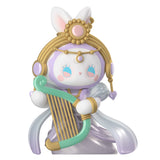 A charming stylized rabbit figure from the Secret Forest of Dim Lights, adorned in decorative clothing and holding a green harp. This rabbit, featured in the Lucky EMMA - Secret Forest of Dim Lights Series Blind Box by Lucky Emma, wears a pastel-colored robe and an ornate headpiece.