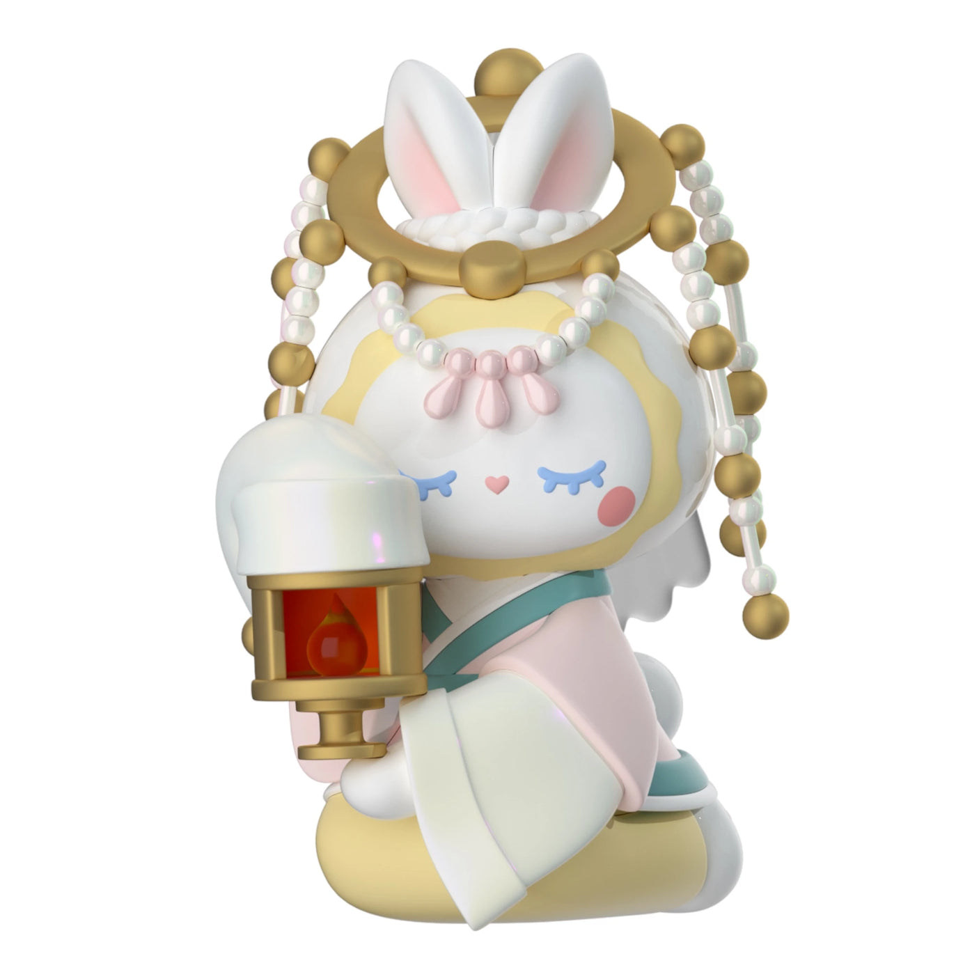 A bunny figurine from the Lucky Emma - Secret Forest of Dim Lights Series Blind Box features a white and pastel color scheme, adorned with a gold headpiece, and is holding a lantern.