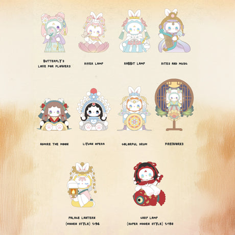 This Illustrated poster showcases nine stylized characters themed around traditional motifs, including butterflies, opera, and lanterns. Each character wears unique costumes and accessories, evoking a sense of mystery similar to the experience of uncovering treasures in the Lucky Emma - Secret Forest of Dim Lights Series Blind Box.