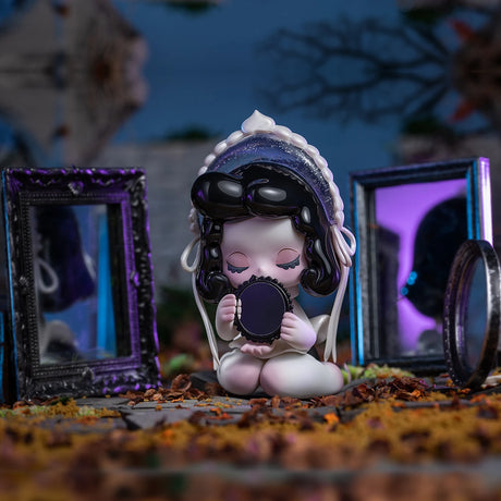 A figurine from the Lucky EMMA - Killa Treasure Pavilion Blind Box collection by Lucky Emma features a character with black hair and a bonnet, kneeling gracefully with a small mirror in hand. Amidst standing mirrors in an outdoor scene adorned with fallen leaves, it suggests the allure of Secret Treasures that await discovery.