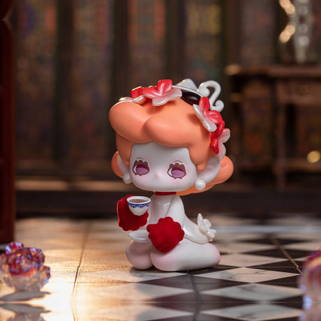 In the captivating setting of the Killa Treasure Pavilion, an exquisitely crafted figurine from the Lucky EMMA - Killa Treasure Pavilion Blind Box collection by Lucky Emma is depicted with vibrant red hair, a striking red dress, and floral embellishments. This charming piece is seated on a tiled floor while holding a small cup, against a backdrop of intricate wooden furniture and decorative elements that evoke the allure of Secret Treasures.