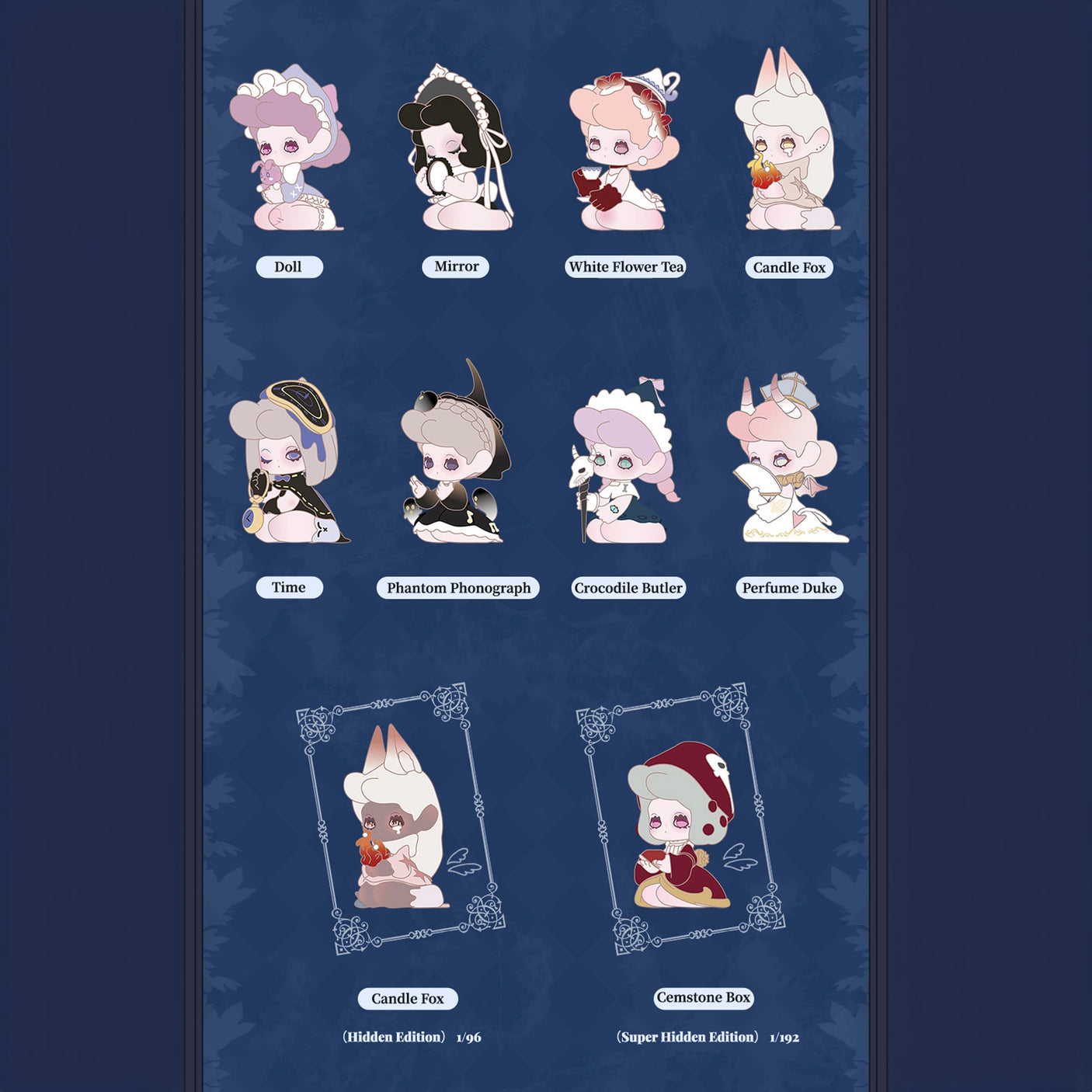 Experience the adorable illustrations of characters such as Doll, Mirror, White Flower Tea, and Candle Fox in the exclusive Lucky EMMA - Killa Treasure Pavilion Blind Box. Uncover Secret Treasures with special edition pieces like Gemstone Boy and elusive items like Phantom Phonograph and Crocodile Butler.