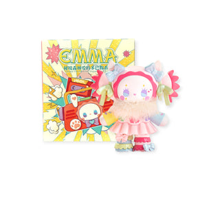 Colorful Emma Secret Forest Love Dopamine Series figure with pink outfit and fluffy collar next to vibrant illustrated product box