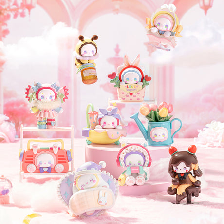 Collection of pastel Emma Secret Forest Love Dopamine figures in whimsical costumes with flowers, hearts, and playful props on soft pink background