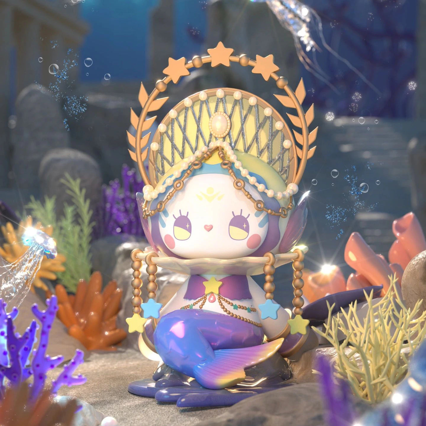 A charming and vibrant character from the River of Time series, adorned with intricate accessories and a star-themed headdress, is depicted underwater among coral and rocks, cradling a blue fish-like creature. Explore this enchanting scene in the new Lucky EMMA - Secret Forest River of Time Blind Box collection by Lucky Emma.