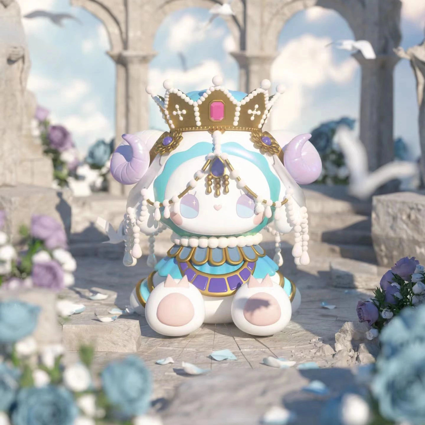 A pastel-colored, intricate figure from the Lucky EMMA - Secret Forest River of Time Blind Box series showcases an ornate character with a crown and jewels, seated among stone ruins, flowers, and white birds. This captivating scene embodies the enchanting allure of Lucky Emma figures as if extracted from an exquisite blind box.