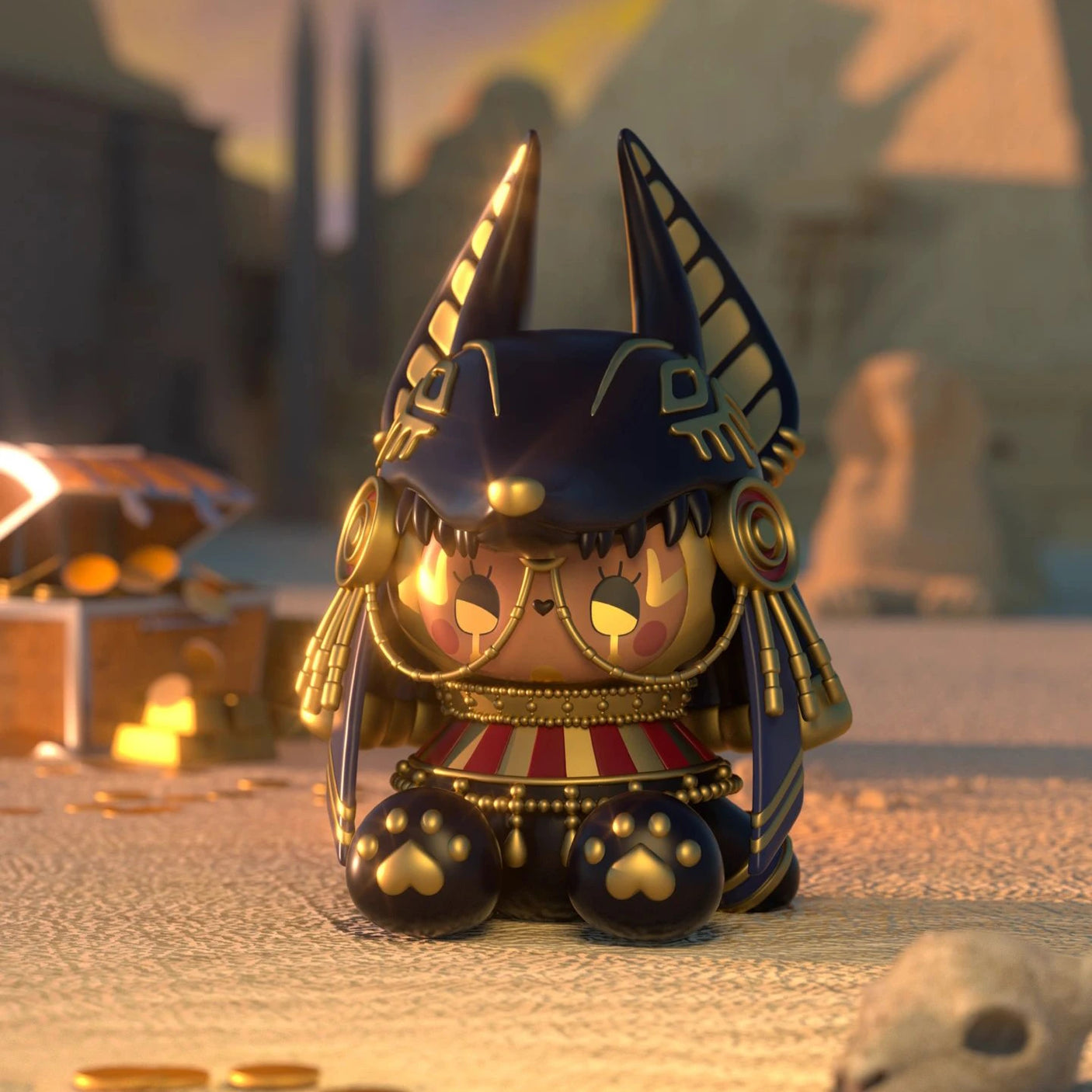 A small cartoon character dressed in ancient Egyptian attire is perched on a sandy surface, part of the whimsical Lucky EMMA - Secret Forest River of Time Blind Box collection. Behind them, a treasure chest and scattered gold coins shine invitingly, reminiscent of the hidden surprises found in a Lucky Emma figures blind box.