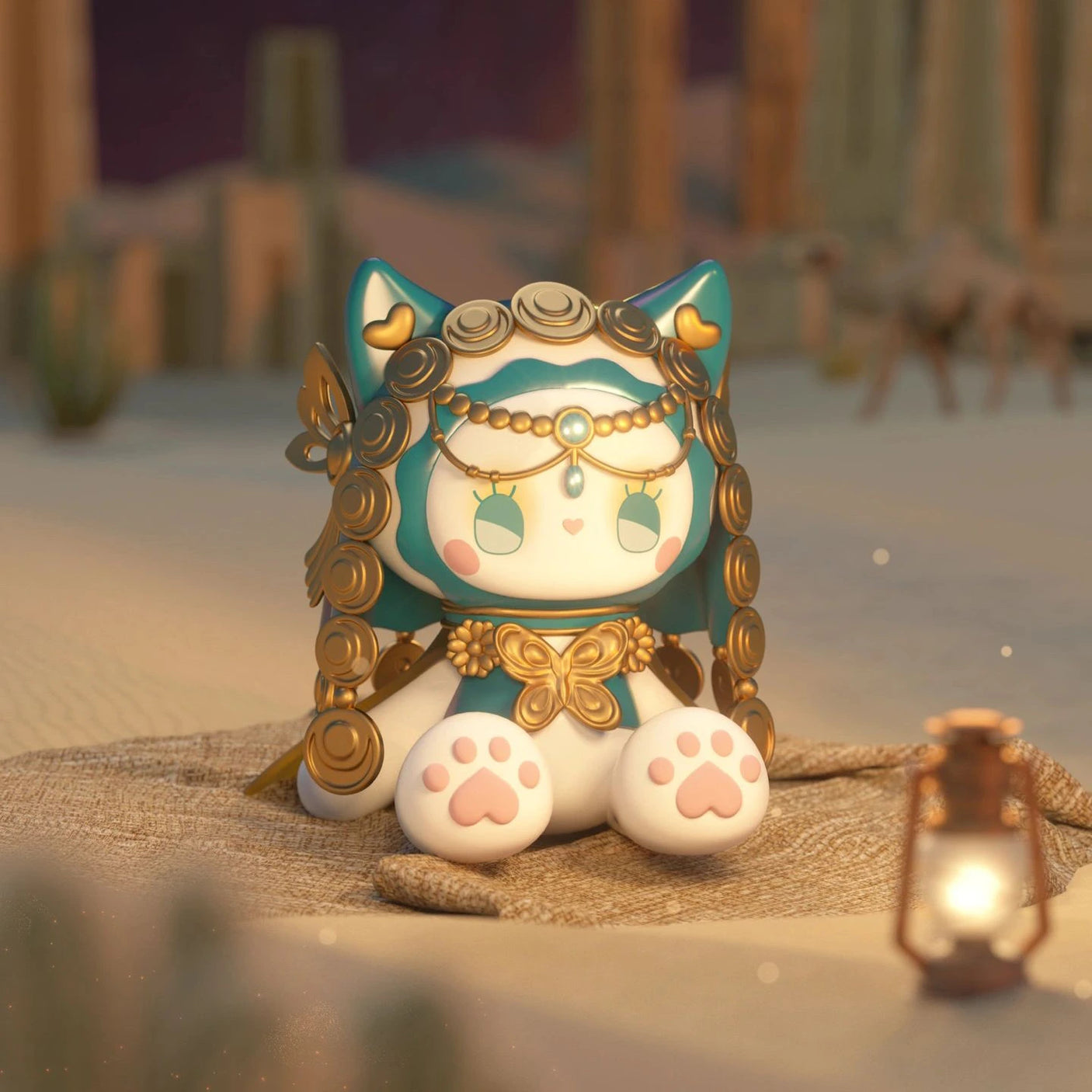 A charming figurine from the Lucky EMMA - Secret Forest River of Time Blind Box series features a cute cat with a turquoise headpiece and golden accents, posed on sand beside a lantern in a desert landscape. This captivating piece is ideal for collectors who appreciate the allure of the Lucky Emma figures.