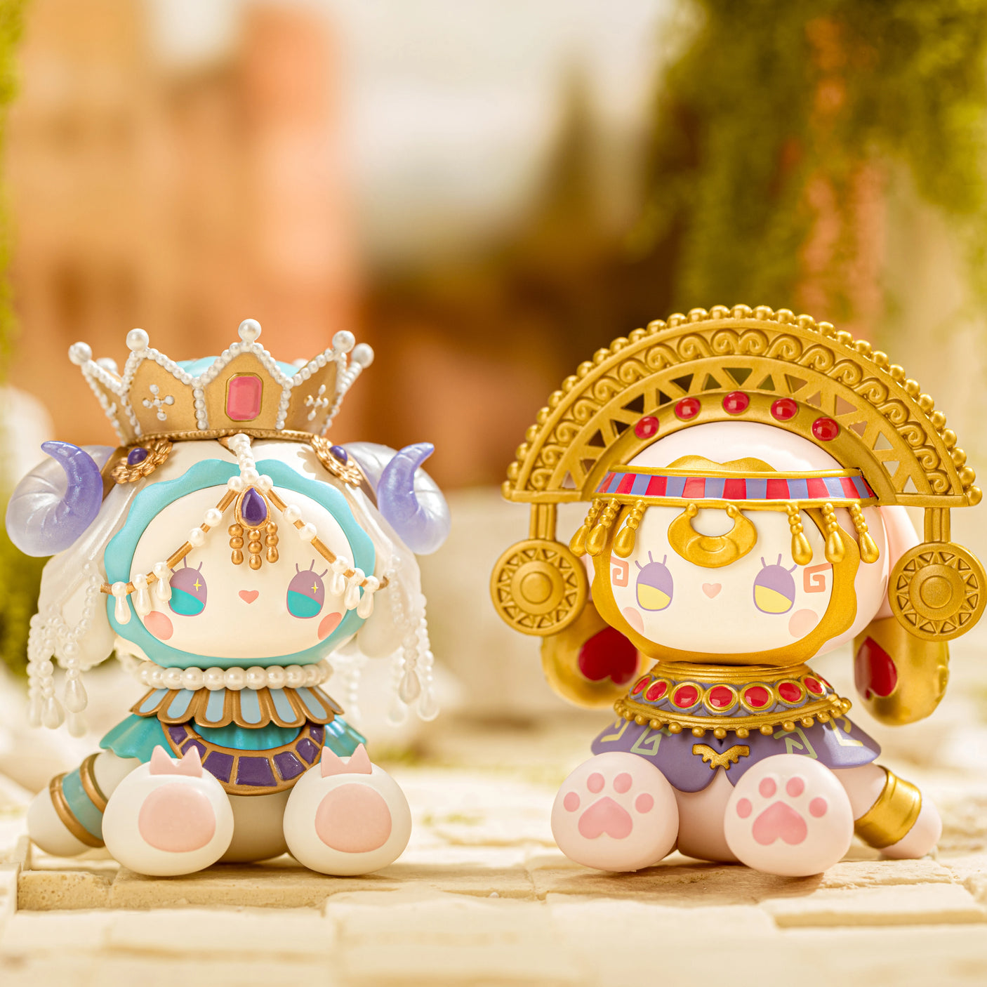 Two intricately designed stylized figures from the Lucky EMMA collection, each adorned with ornate headpieces, sit side by side on a light surface against a blurred outdoor background. This captivating duo is part of the Secret Forest River of Time Blind Box series by Lucky Emma, inviting collectors to delve into its enchanting mysteries akin to opening a blind box.