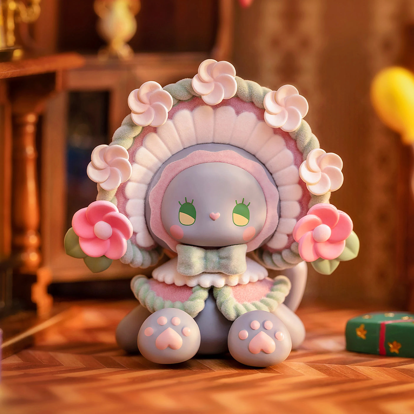 The Lucky EMMA - Secret Forest Birthday Party Blind Box from the Lucky Emma brand features a charming hand-painted cat figurine in a frilly pink and white bonnet with floral accents, sitting gracefully on a wooden floor, making it perfect for an enchanting celebration.