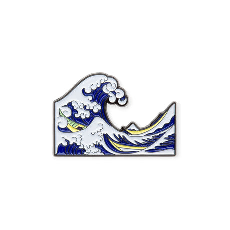 Enamel pin showing Hokusai Great Wave with navy and white waves and yellow highlights, gallery image 1 file 6.webp