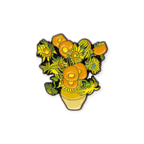 Enamel pin of Vincent van Gogh’s sunflowers with bright orange and yellow blooms on white background, gallery image 1 file 2.webp