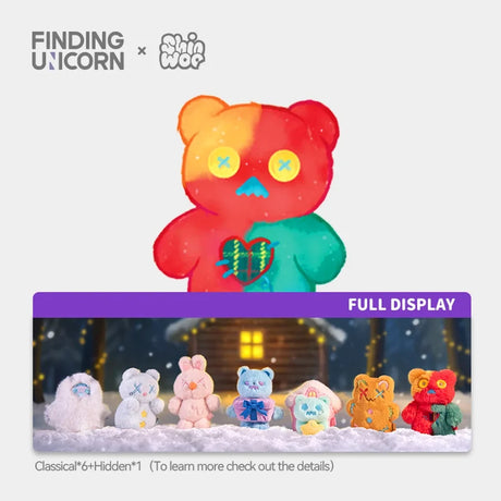 Collection of seven colorful plush figures from Finding Unicorn Shinwoo Cold Hugs Blind Box displayed in snowy winter scene