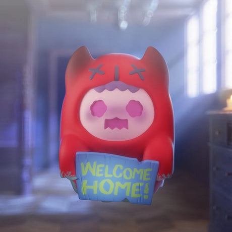 Red ShinWoo Ghost Bear figure holding blue "Welcome Home" sign in dimly lit haunted hallway background
