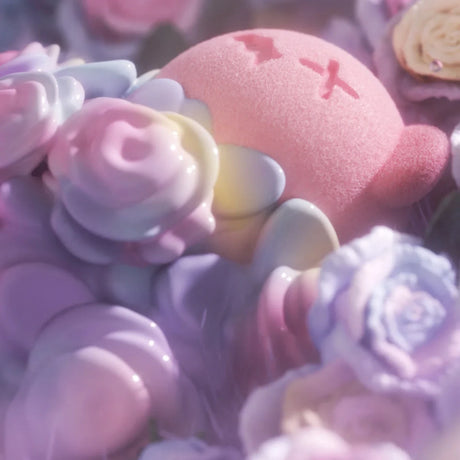 Soft matte pink ShinWoo Secret Bear figure with closed eyes reclining among pastel ceramic flowers in dreamy garden light