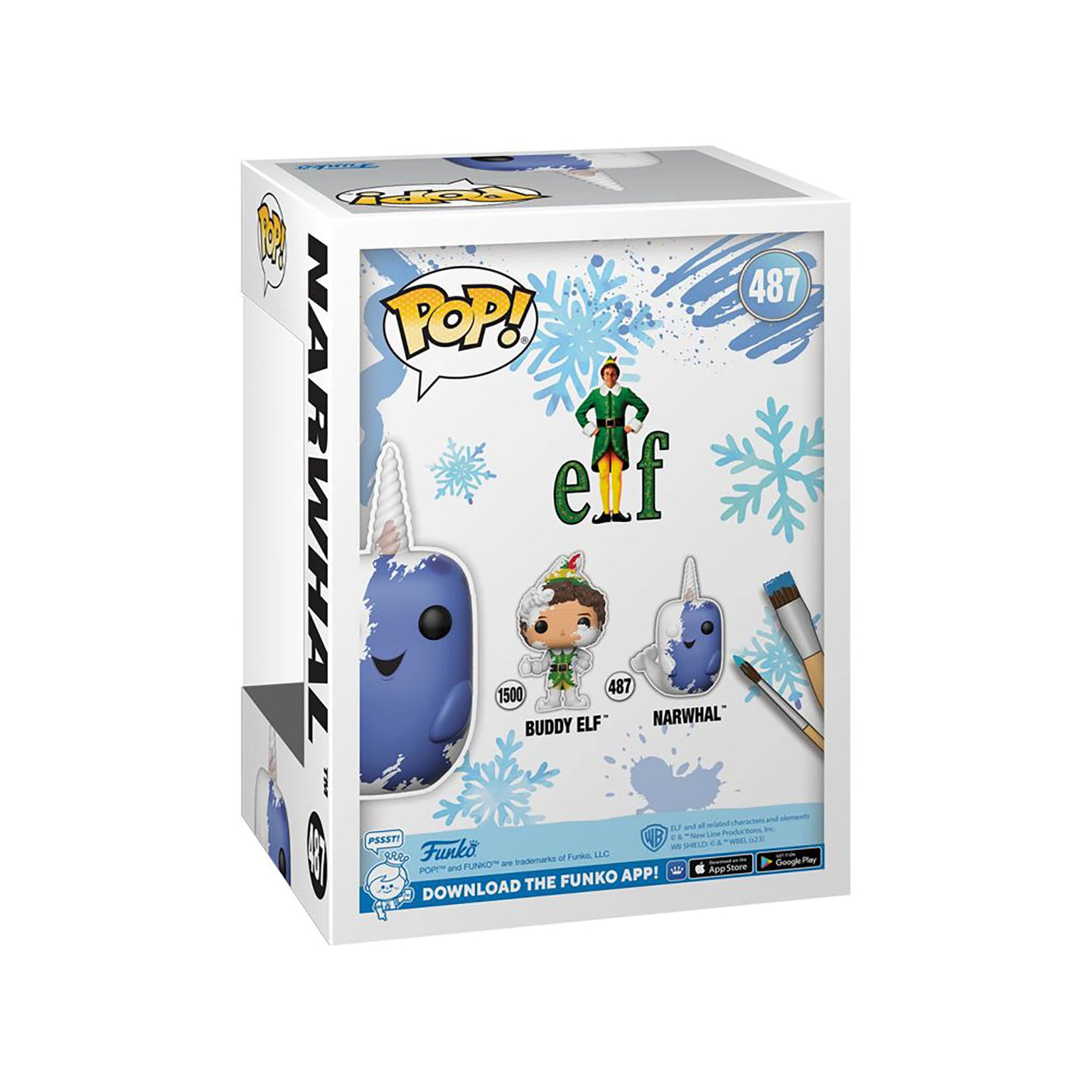 Introducing the DIY Personalised Funko Pop - Narwhal Vinyl Figure from Funko, featuring Buddy Elf from the movie "Elf." The box is beautifully decorated with snowflakes and images of the collectible figures inside, making it an ideal addition for fans seeking to infuse their collection with holiday magic.