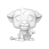 The DIY Personalised Funko Pop - Simba Vinyl Figure from Funko showcases a stylized white vinyl model of a playful lion cub, ideal for Lion King enthusiasts. Its exaggerated head and facial features beautifully depict Simba sitting with one paw raised, making it a perfect collectible gift.