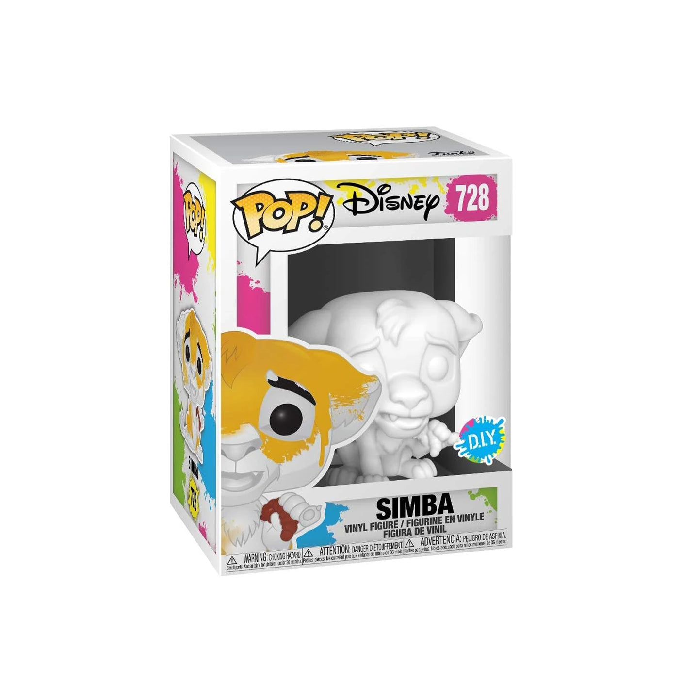 A DIY Personalised Funko Pop - Simba Vinyl Figure from Funko is presented in its box, featuring a white base with striking vibrant paint splashes. This customizable figure makes an ideal gift for any Lion King enthusiast, sparking creativity and inviting personal touches.