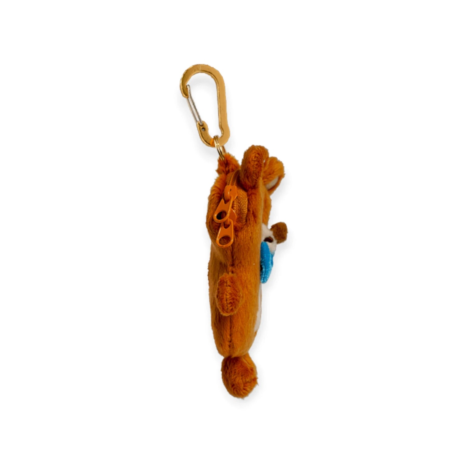 Plush bear earbud case with metal carabiner, stitched face and dangling paws