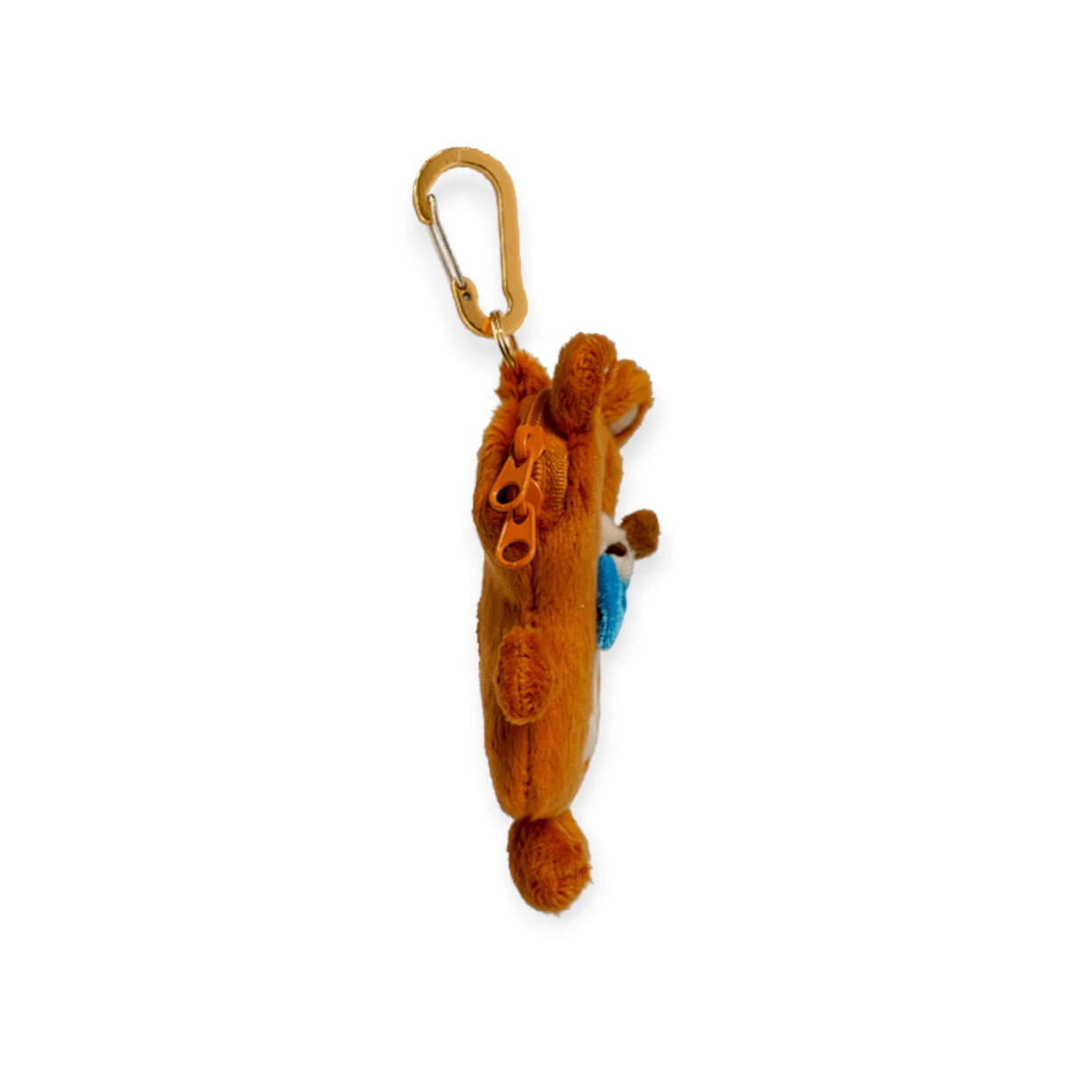 Plush bear earbud case with metal carabiner, stitched face and dangling paws