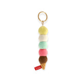 Five-scoop plush ice cream keychain with yellow, white, teal, pink, and brown scoops