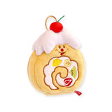 Round yellow plush zip pouch with smiling face embroidery, white frosting, and cherry keyring