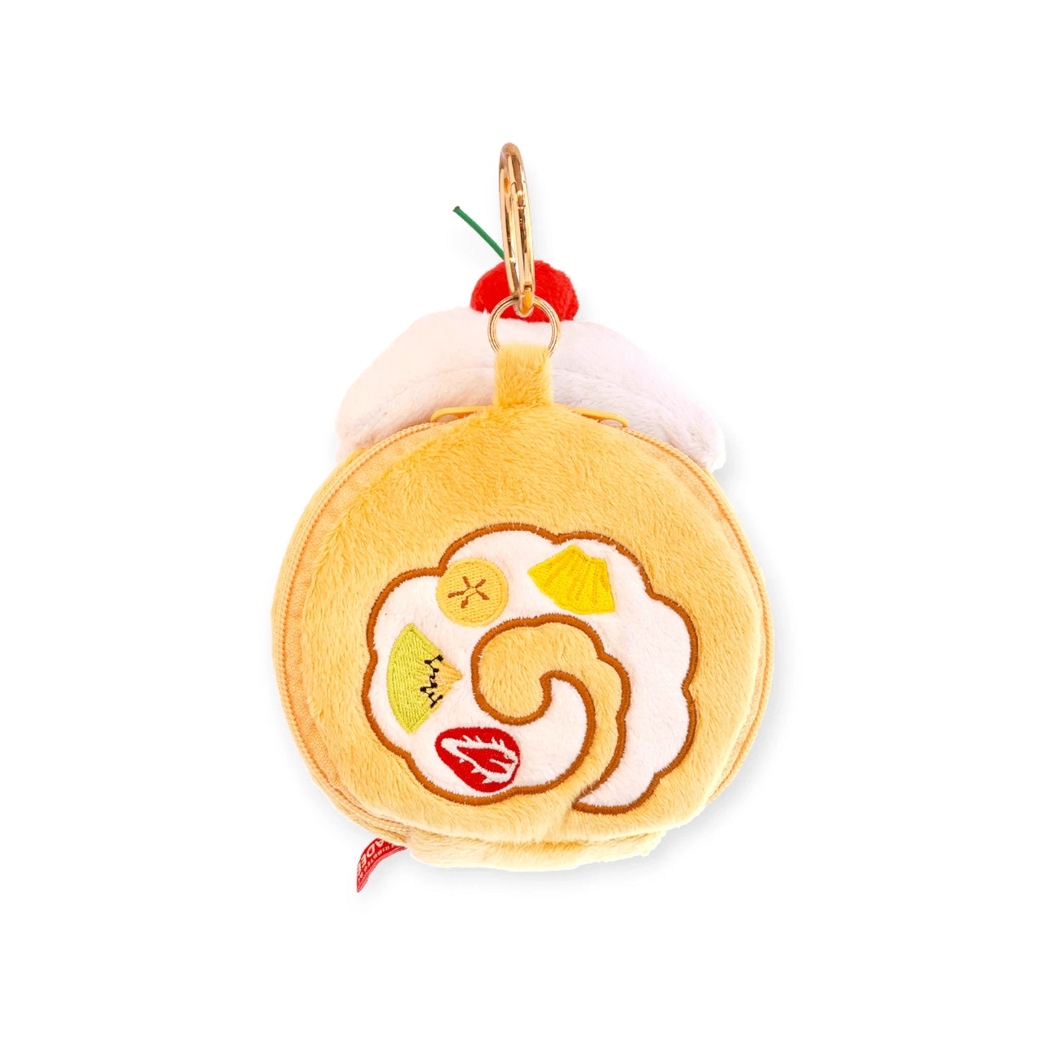 Round yellow plush zip pouch with embroidered fruit roll-cake face and gold keyring