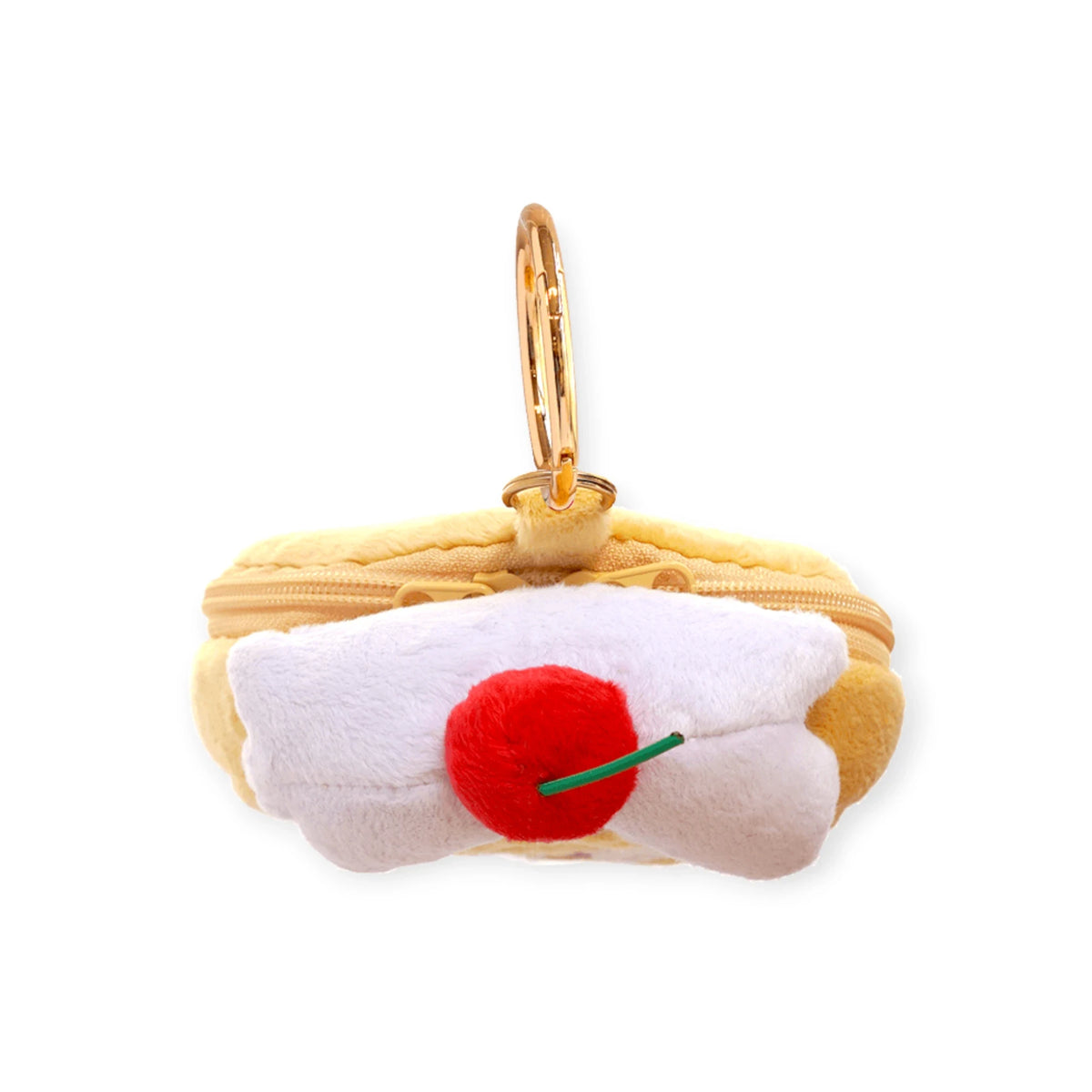 Rolled yellow plush zip pouch with white top and red cherry accent, gold keyring