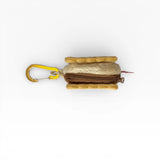Plush cookie-shaped AirPods case with side view, stacked fabric layers, and metal carabiner