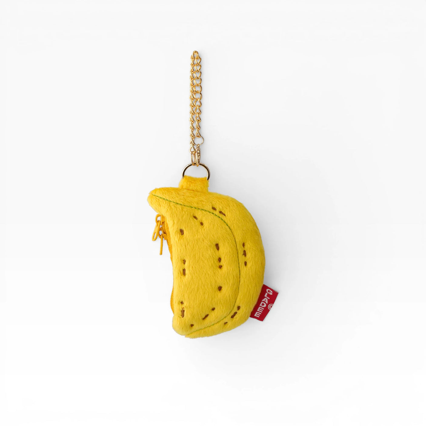 Banana plush AirPods case with gold chain and red side tag